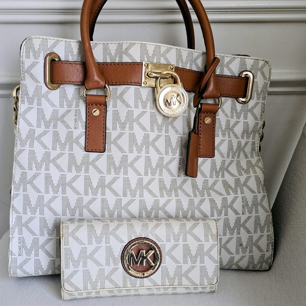 Michael Kors Monogram White and Tan Satchel